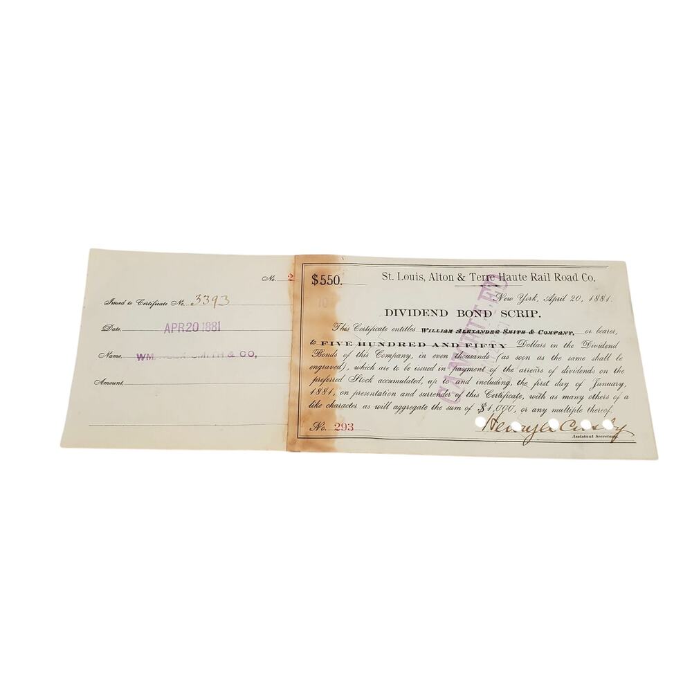 St. Louis, Alton and Terre Haute Rail Road Co NY $550 Bond Railroad Bonds 293